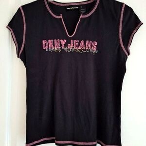 NEW- 'DKNY JEANS' Sparkly Logo- Cap Sleeve Top- Sz. Large